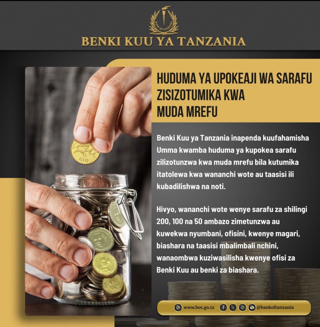 📢 HUDUMA YA UPOKEAJI WA SARAFU ZISIZOTUMIKA KWA MUDA MREFU.

📋: BOT