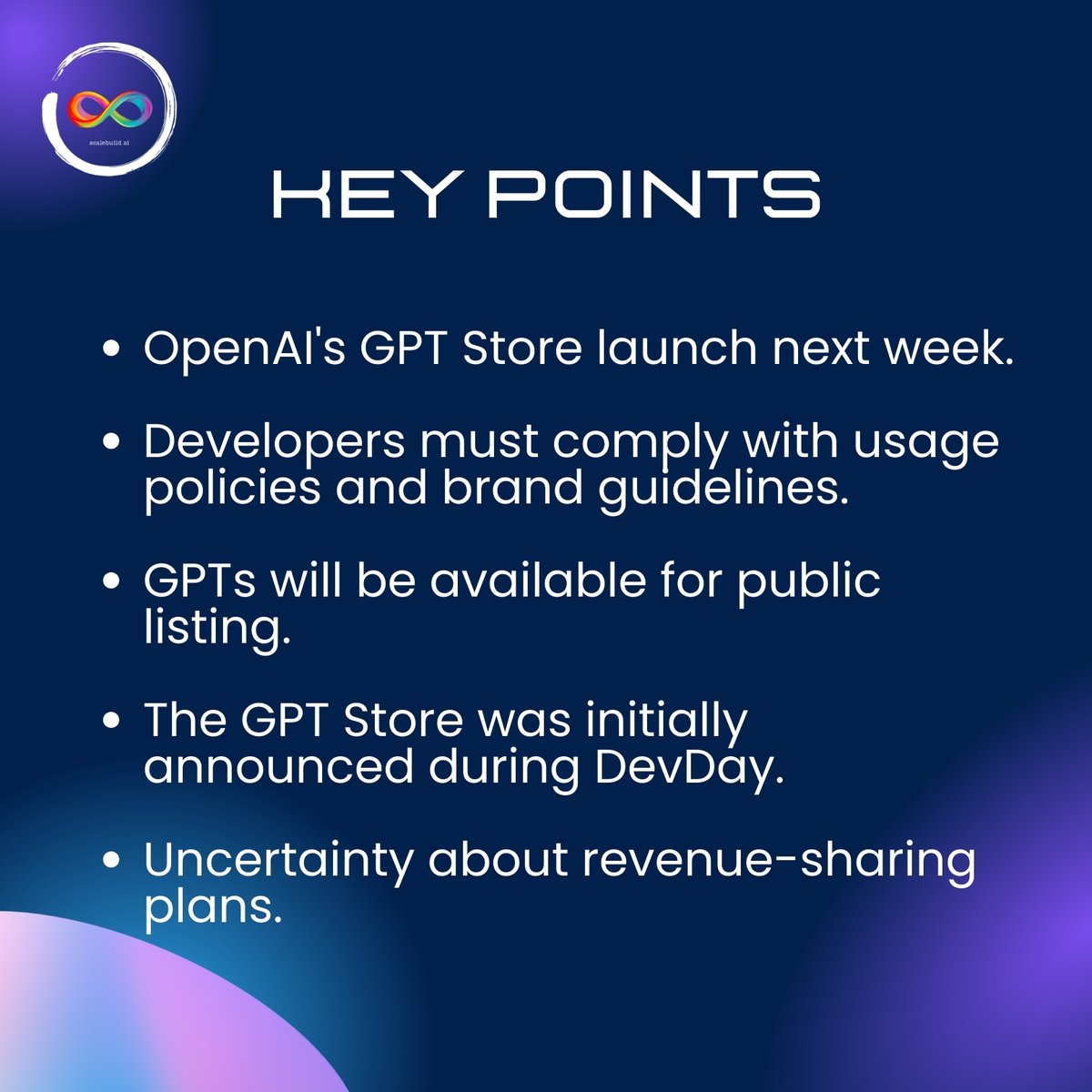 scalebuildai's tweet photo. OpenAI's GPT Store Launch Announcement
.
.
.
#OpenAI #GPTStore #AI #TechNews #AppStore #AIApps #GPT4 #Innovation #ArtificialIntelligence #Development #FutureTech #DemocratizationOfAI #Chatbots https://t.co/SR02gC3bGt