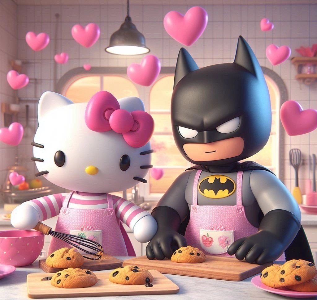 Ravenmet's tweet image. Batman and hello kitty baking💗