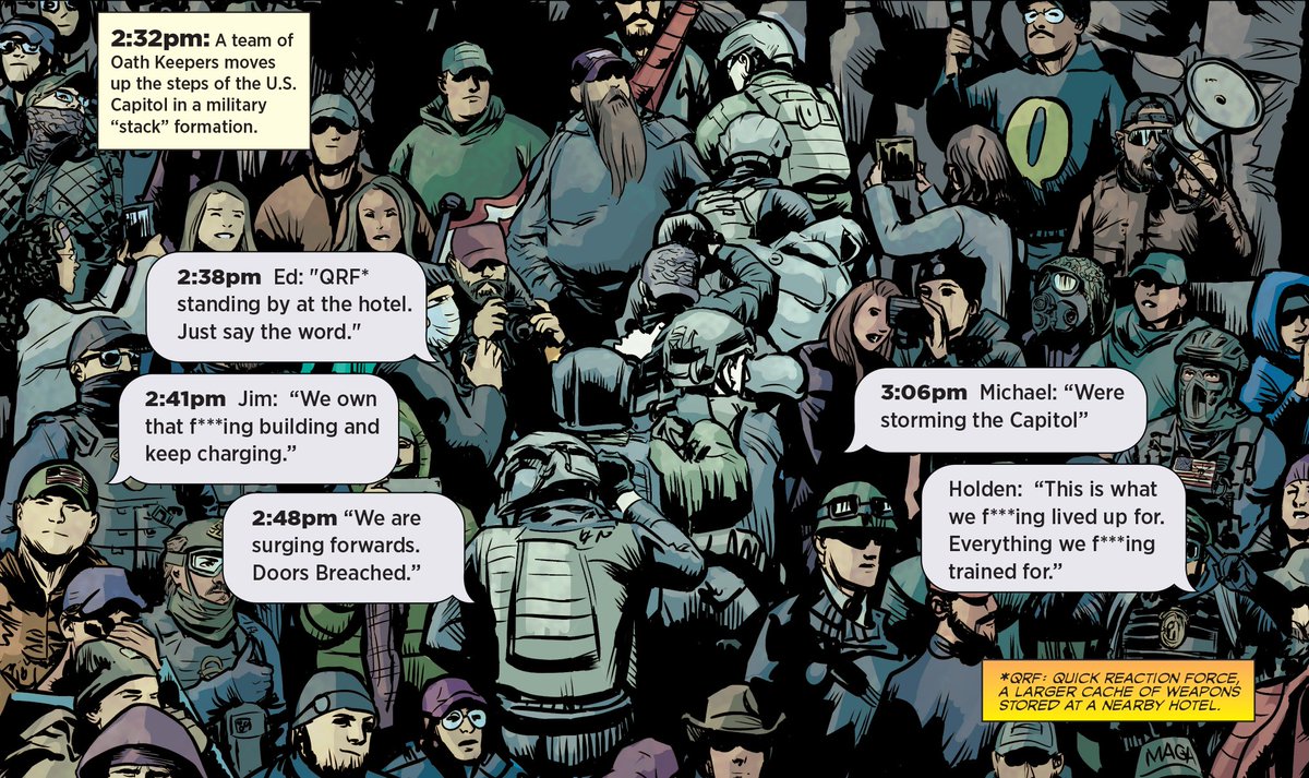 2:32 PM, #OnThisDay, 2021: Amid the larger mob, a team of Oath Keepers moves up the steps of the Capitol in a military 'stack' formation.'