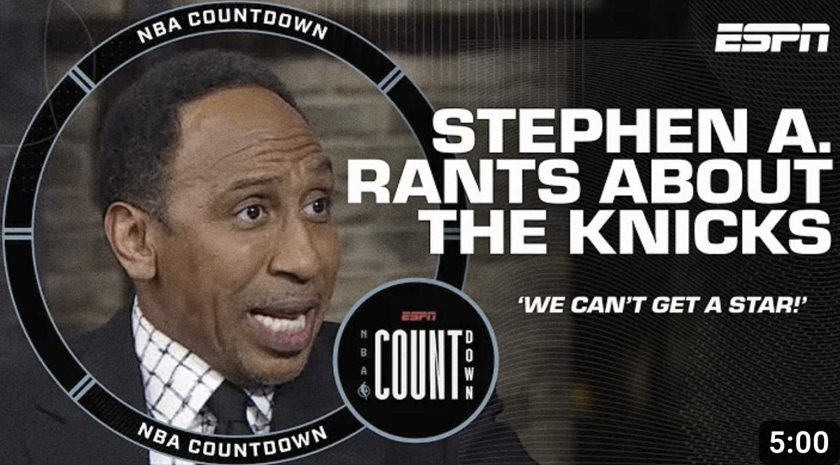NBA_NewYork's tweet photo. 12 months of Knicks fan Stephen A Smith:

Last January: “You're going home in the 1st round b/c you don't have what Brooklyn has"

February: "Donovan Mitchell better not send the Knicks home"

March: “Let me say something to the Knicks fans out there…You don’t get to disown me”

April: "RJ might need to sit down for this series"

May: "We're going to the Finals"

3 days later: “I’m very disgusted”

August: "I begged Damian Lillard to come to the Knicks"

November: Attends 1st game in years. Knicks down big, leaves early. Knicks come back to win

December: "I told the Knicks to draft Haliburton"

Next day: "Knicks never have the best player on the court"

January 2: "Knicks Raptors trade doesn't work…Go get Donovan Mitchell"

January 5: “Aaaahhhhhhhh!!!!!…excited about my Knicks”