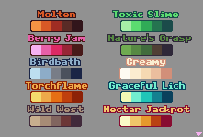 Some more of my top 5-color palettes

What's your favorite out of this bunch?

#pixelart