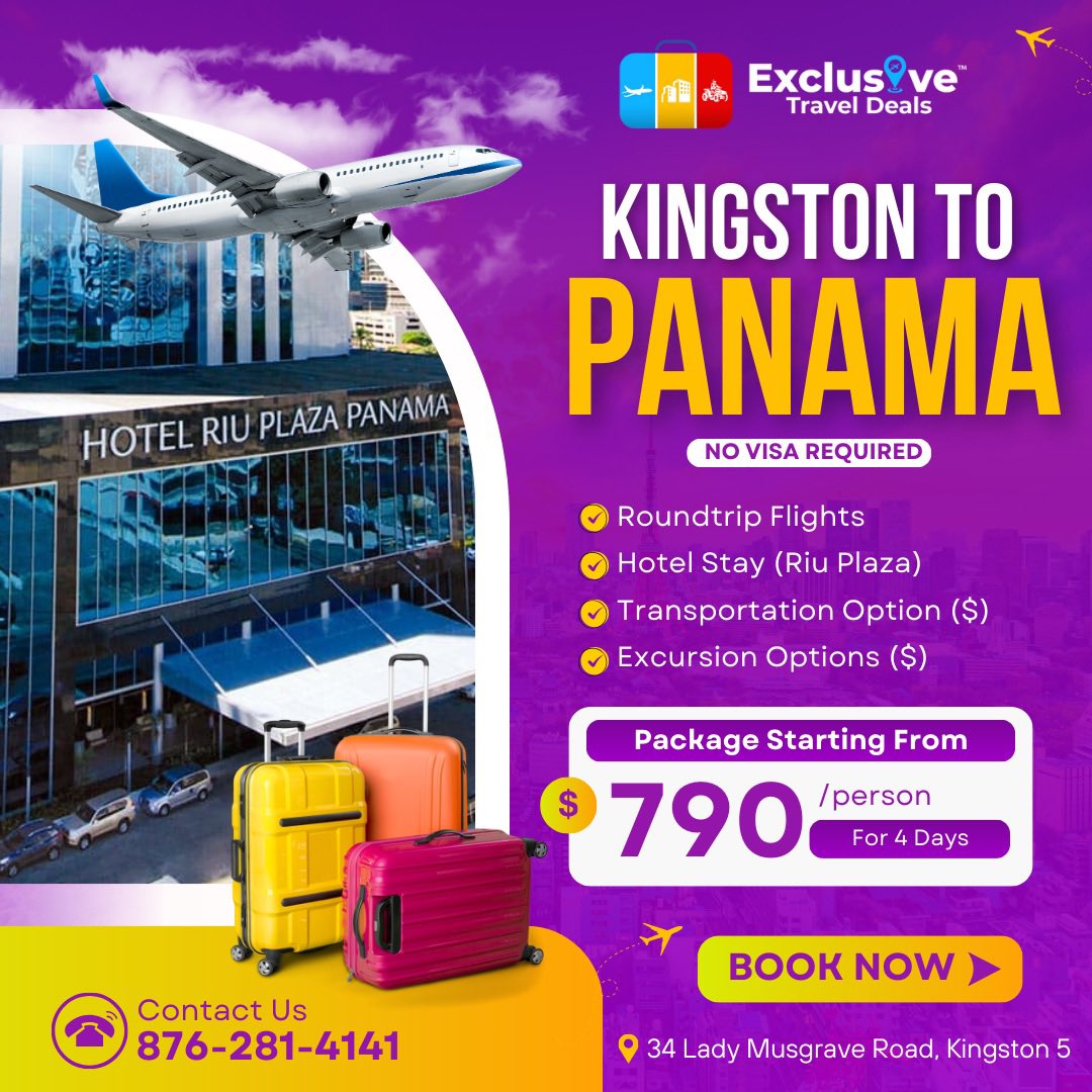 ExclTravelDeals's tweet photo. Check out our Exclusive Deal from Kingston To Panama! For only $790 USD per person - (Includes Flights and Hotel Stay) ✈️🇵🇦

Call/ WhatsApp (876) 281-4141 or
Click the link below to speak with a rep!
https://t.co/jULK05ukhn https://t.co/yyqr2MIFDw
