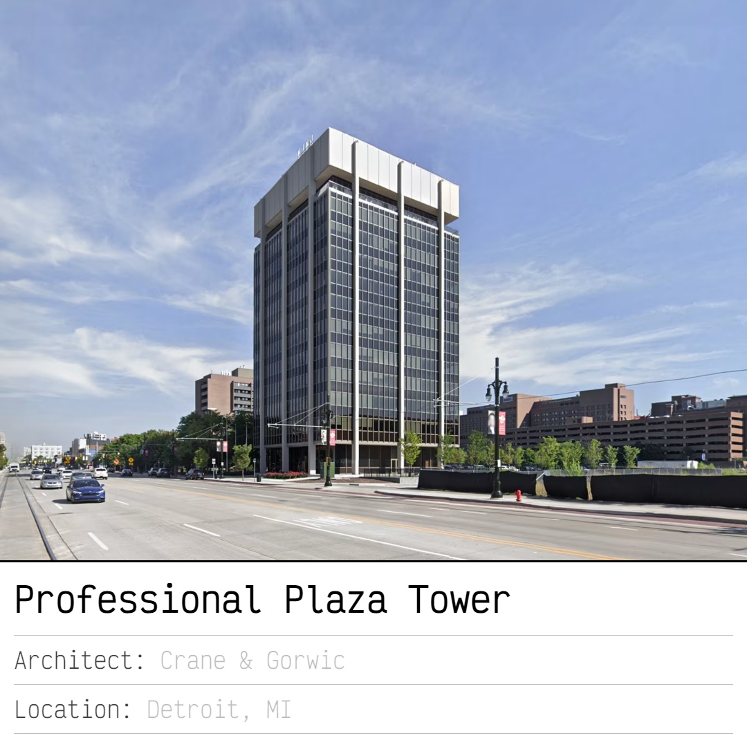 Buildingsdb's tweet image. The Professional Plaza Tower, also known as &apos;Hammer and Nail&apos;, is an International Style skyscraper designed by Crane &amp;amp; Gorwic and built between 1964-1966 in Detroit.

More about the Professional Plaza Tower at buildingsdb.com/MI/detroit/pro…

#Detroit #MI #skyscraper #internationalstyle