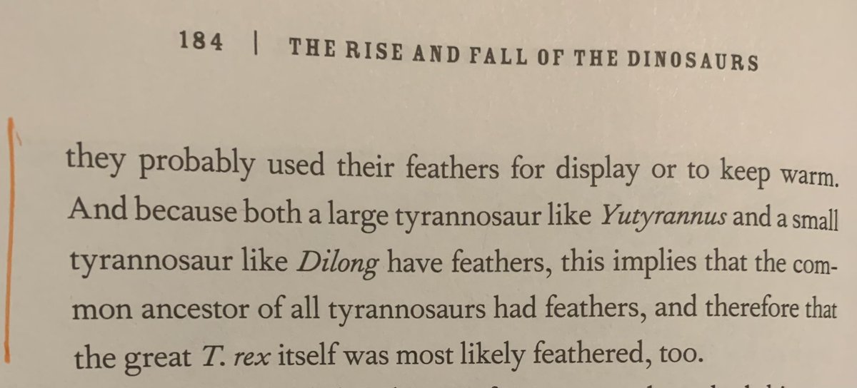 ericspreng's tweet photo. T. Rex is the thing with FEATHERS 🦖🤯

(Am reading @SteveBrusatte’s The Rise and Fall of the Dinosaurs) https://t.co/u9a81LzY2C
