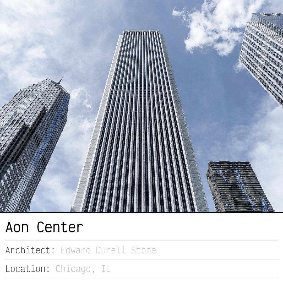 Buildingsdb's tweet image. The Aon Center was designed by Edward Durell Stone, and Perkins &amp;amp; Will Partnership. Built 1970-1973, for a reported $120 million, in #Chicago.

Although unrelated, it shares similarities to the Twin Towers NYC.

More at buildingsdb.com/IL/chicago/aon…

#skyscraper #chicagoarchitecture