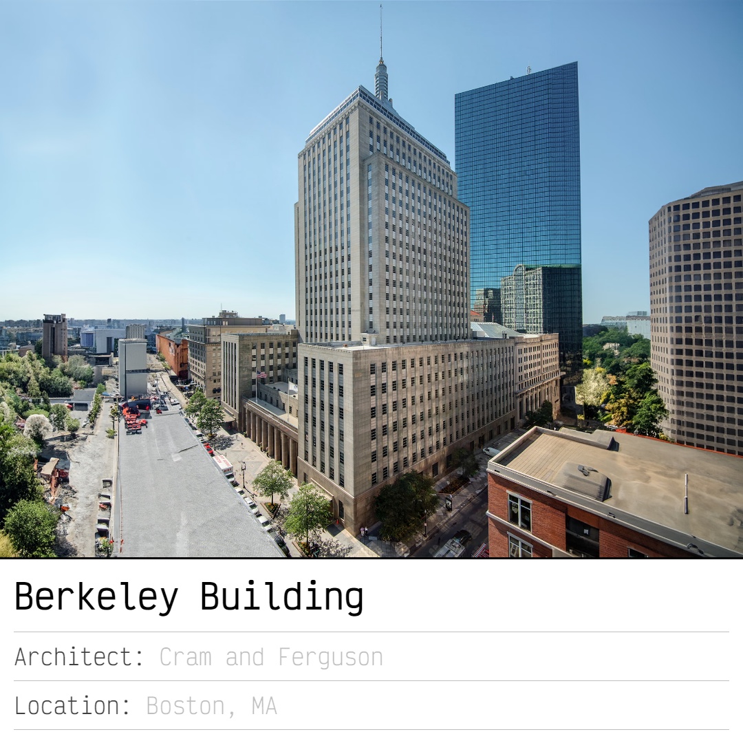 Buildingsdb's tweet image. The Berkeley Building is an Art Deco skyscraper designed by Cram and Ferguson and built in 1947 in Boston, MA.

More about the Berkeley Building at buildingsdb.com/MA/boston/berk…

#CramandFerguson #Boston #MA #skyscraper #artdeco #bostonarchitecture
