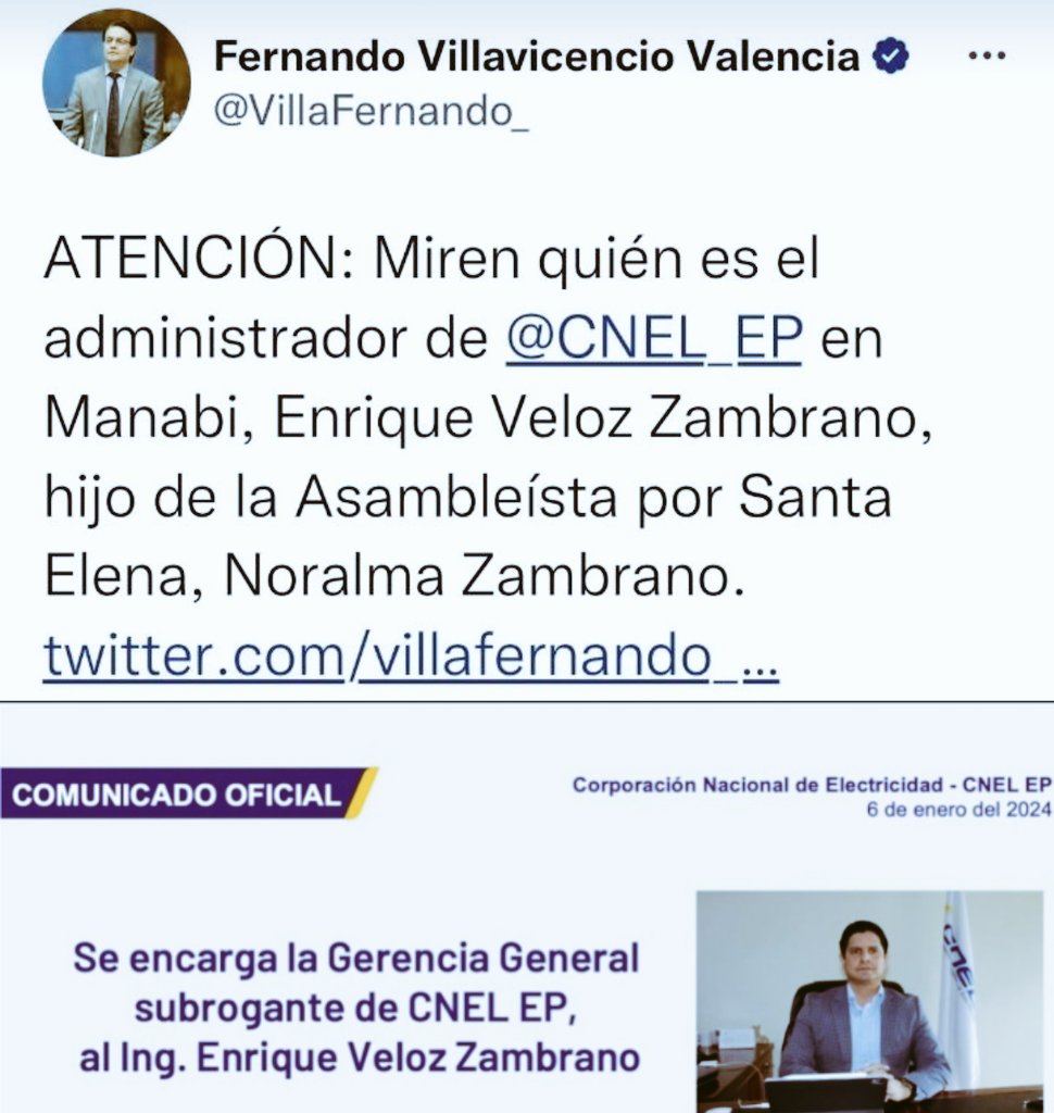 noticiarasputin's tweet photo. EL CORREÍSMO VUELVE A TOMAR EL PODER EN LA ELÉCTRICA @CNEL_EP Hijo de la exasambleista Noralma Zambrano de @RC5Oficial acaba de ser nombrado Gerente General. Fernando Villavicencio lo denunció en su oportunidad, no hay duda el pacto diabólico es con cargos lamentable @DanielNoboaOk se burla del Ecuador.