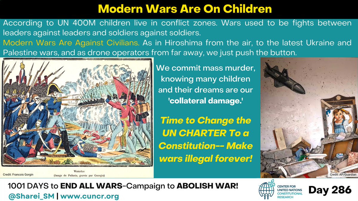 Modern Wars Are On Children According to the UN 400M children live in conflict zones. Wars used to be fights between leaders against leaders and soldiers against soldiers.  Modern Wars Are Against Civilians. As in #Hiroshima from the air, to the latest #Ukraine and #Palestine