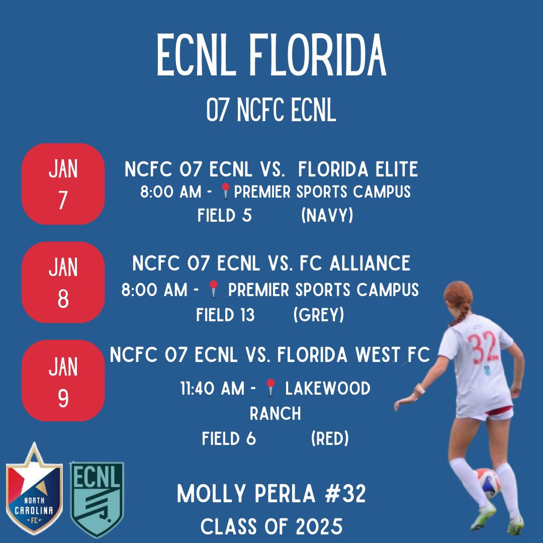 Excited to play in Florida this weekend with my team <a href="/NCFC_ECNL07g/">ℕℂ𝔽ℂ 𝕐𝕠𝕦𝕥𝕙 𝔼ℂℕ𝕃 𝟘𝟟 𝔾𝕚𝕣𝕝𝕤</a> Come check us out!! #ECNLFL