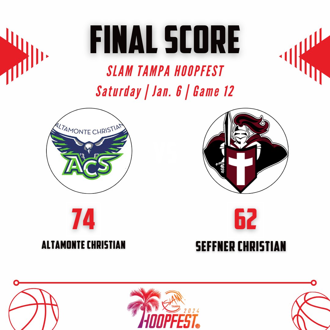 Game 12: <a href="/TampaHoopfest/">SLAMTampaHoopfest</a>

Final Score:

Altamonte Christian 74
Seffner Christian 62

📊 Leaders

<a href="/goacsathletics/">GoACSAthletics</a>
Ryan Almeda 25
Vincent Lee 13
Nehemiah Rivera 10

<a href="/SCA_Basketball/">Seffner Christian Boys Basketball</a>
Vernon Lee Jr. 20
Cameron Knox 11