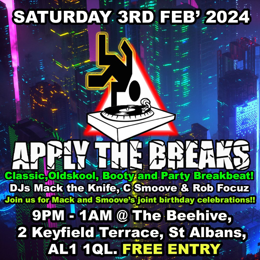 ApplytheBreaks's tweet photo. Soon come!!
4 weekends’ time.
Sat Feb 3rd.
See you there!
The Beehive.
St Albans 
🔊 https://t.co/DmJKSPjuvQ