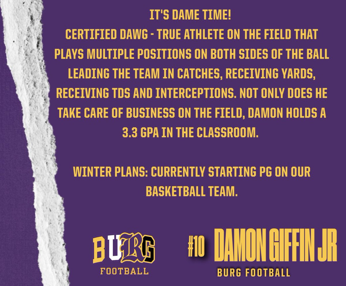 ReynoldsburgFB's tweet photo. #TheStandard Saturdays
Damon Griffin Jr @Dameg2_
5’10 165lbs c/o 25 ATH
Hudl Link:
https://t.co/Pn0dsyhCQO
#GetPaid to #SetTheStandard🟣🟡🔗 https://t.co/RJF0bUSGhB