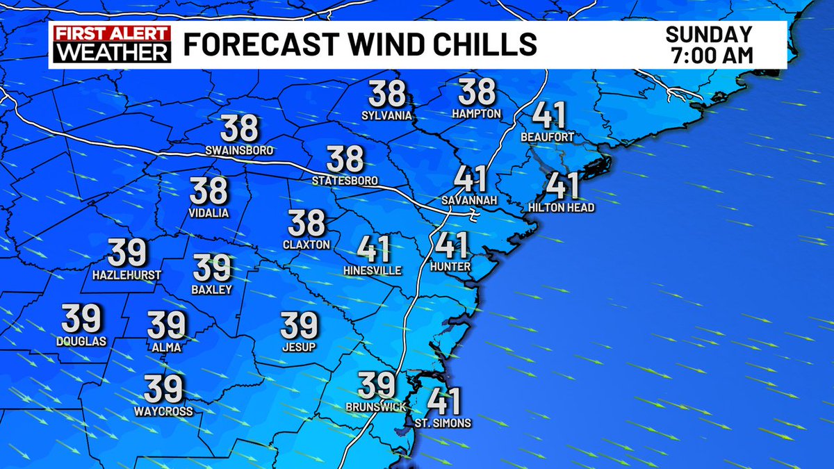WxDylanSmith's tweet photo. By tomorrow morning, I'll be track chilly "feels like" temps in the upper 30s to lower 40s for most. #chillystart #bundleup #savannahga #sunday https://t.co/B2FyGBpioN