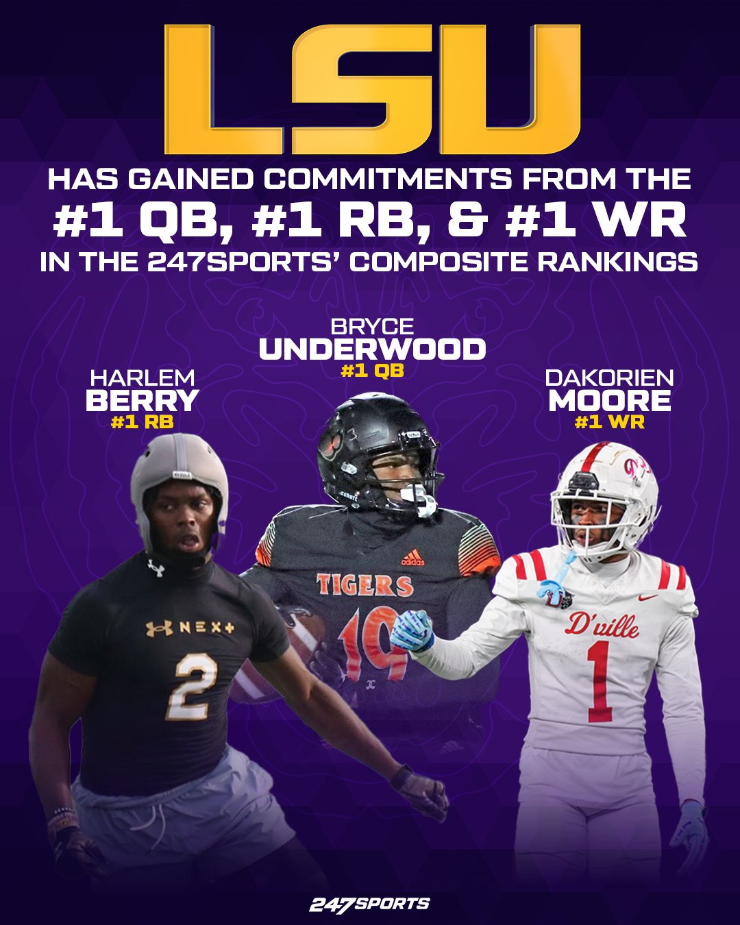 247Sports on X: "With the addition of Bryce Underwood, LSU now has commits  from the No. 1 QB, No. 1 RB and No. 1 WR in the Class of 2025 247Sports  Composite