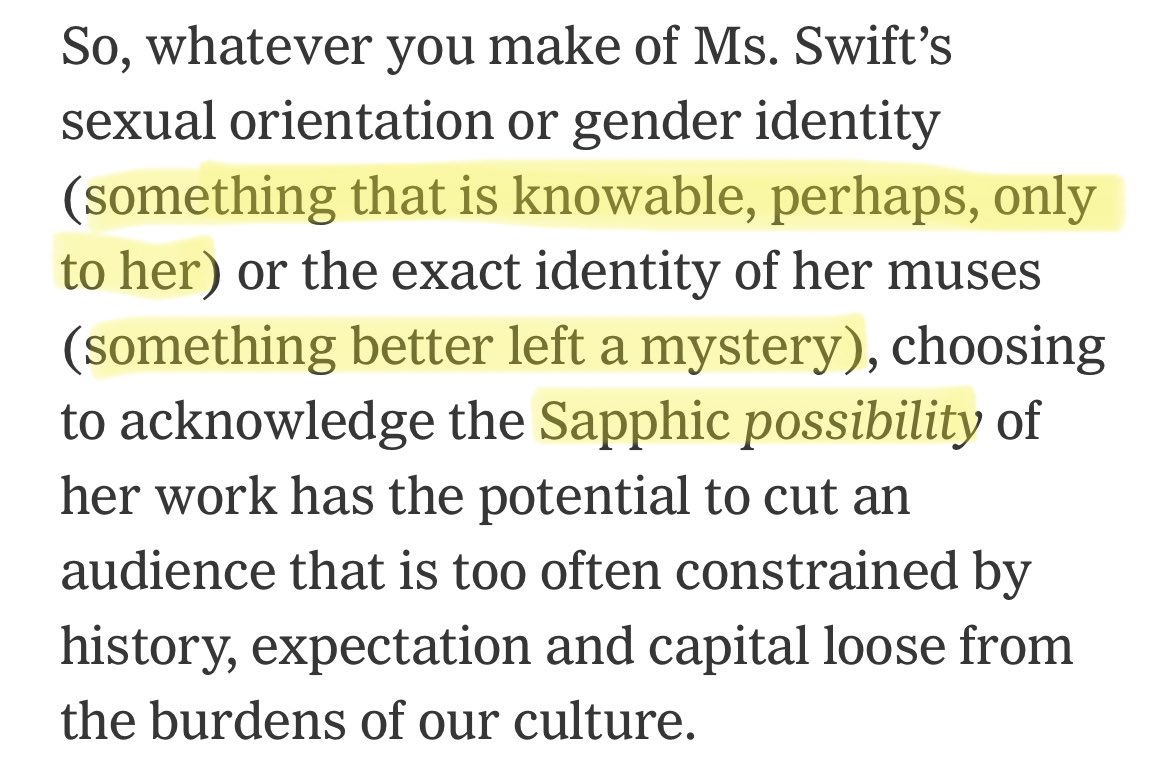 2young2manic's tweet photo. a common narrative i’m seeing is that the author asserts that taylor is queer and demands everyone to accept it - when in reality she is so incredibly clear about it being a POSSIBILITY. i’m so tired of being attacked by people who have no idea what we believe or what was said. https://t.co/BtHJSH2ynT