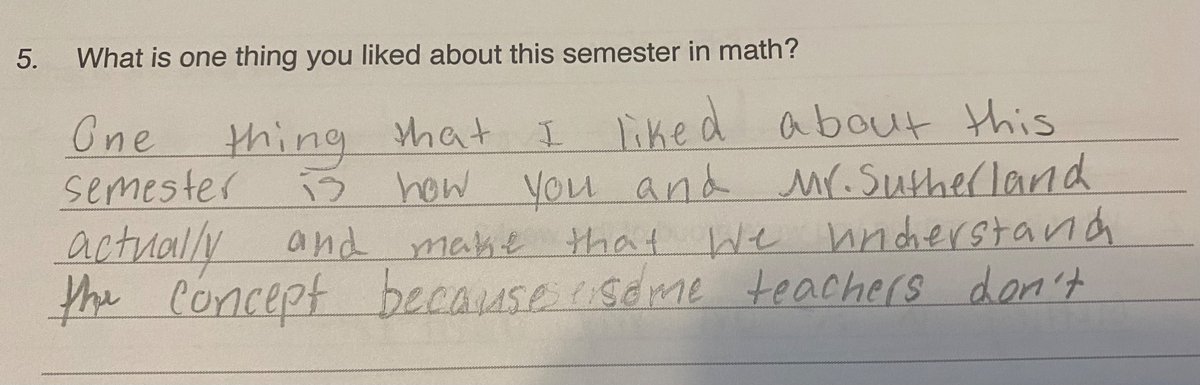 Survey results from last semester. Ss like when we make learning valuable, they are able to move and work with others, and when we meet them where they are and help them understand concepts! #teachertwitter  #Mathematics #middleschool
