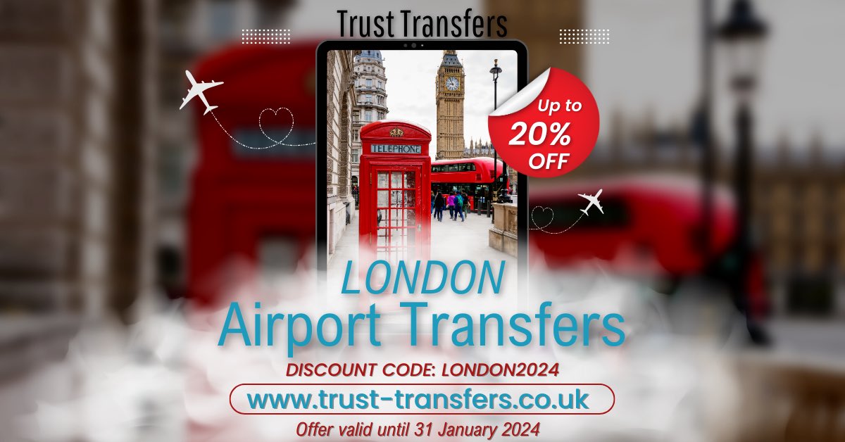 TrustTransferss's tweet photo. This month, 20% discount with Trust Transfers!

Trust Transfers is pleased to announce a limited-time offer available until 31/01/2024. Book now your London Airport Transfers with us and receive an exclusive discount of up to 20%. https://t.co/VERj7gjYea