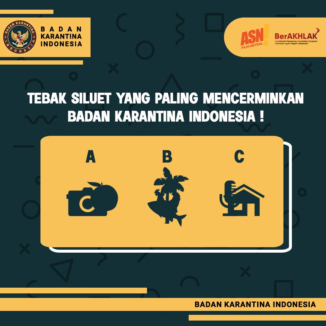 BarantinRI's tweet photo. Hai hai SobatQ,

Saatnya berakhir pekan, saatnya juga tebak #kuiz 🎉🎉
.
Coba kalian tebak diantara siluet di atas mana yang menjadi target periksa Badan Karantina Indonesia. 
Tuliskan jawabannya di kolom komentar👌
.
Karimin #SapaPagi https://t.co/Cu8esKZc2Y