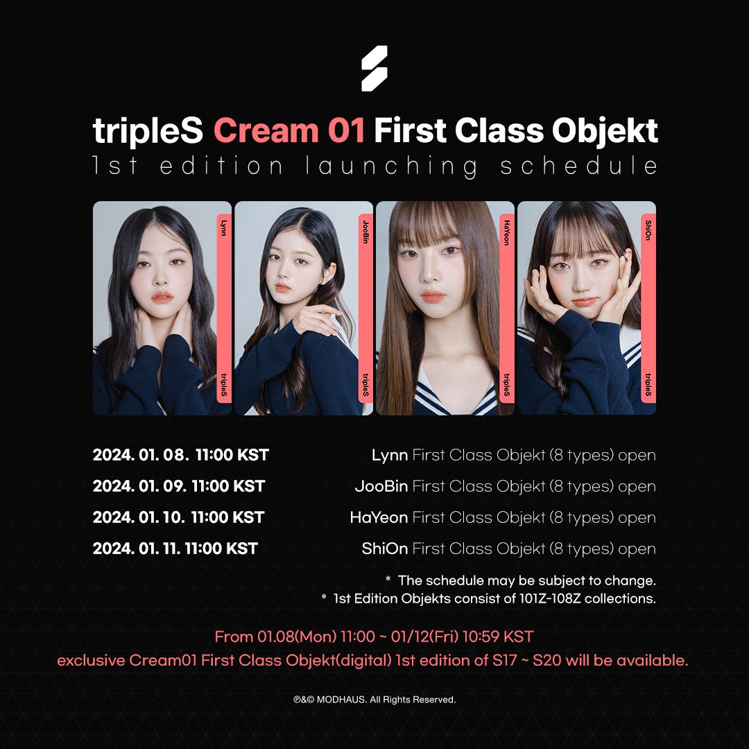 triplescosmos's tweet photo. tripleS
S17 ~ S20 Cream01 First Class Objekt 1st Edition Schedule

Check out in <Cosmo : the Gate>
iOS https://t.co/GmDd9ySRH0
AOS https://t.co/0QqowISrKf

#tripleS #트리플에스
#Lynn #JooBin #HaYeon #ShiOn https://t.co/CbvlyjwR6c