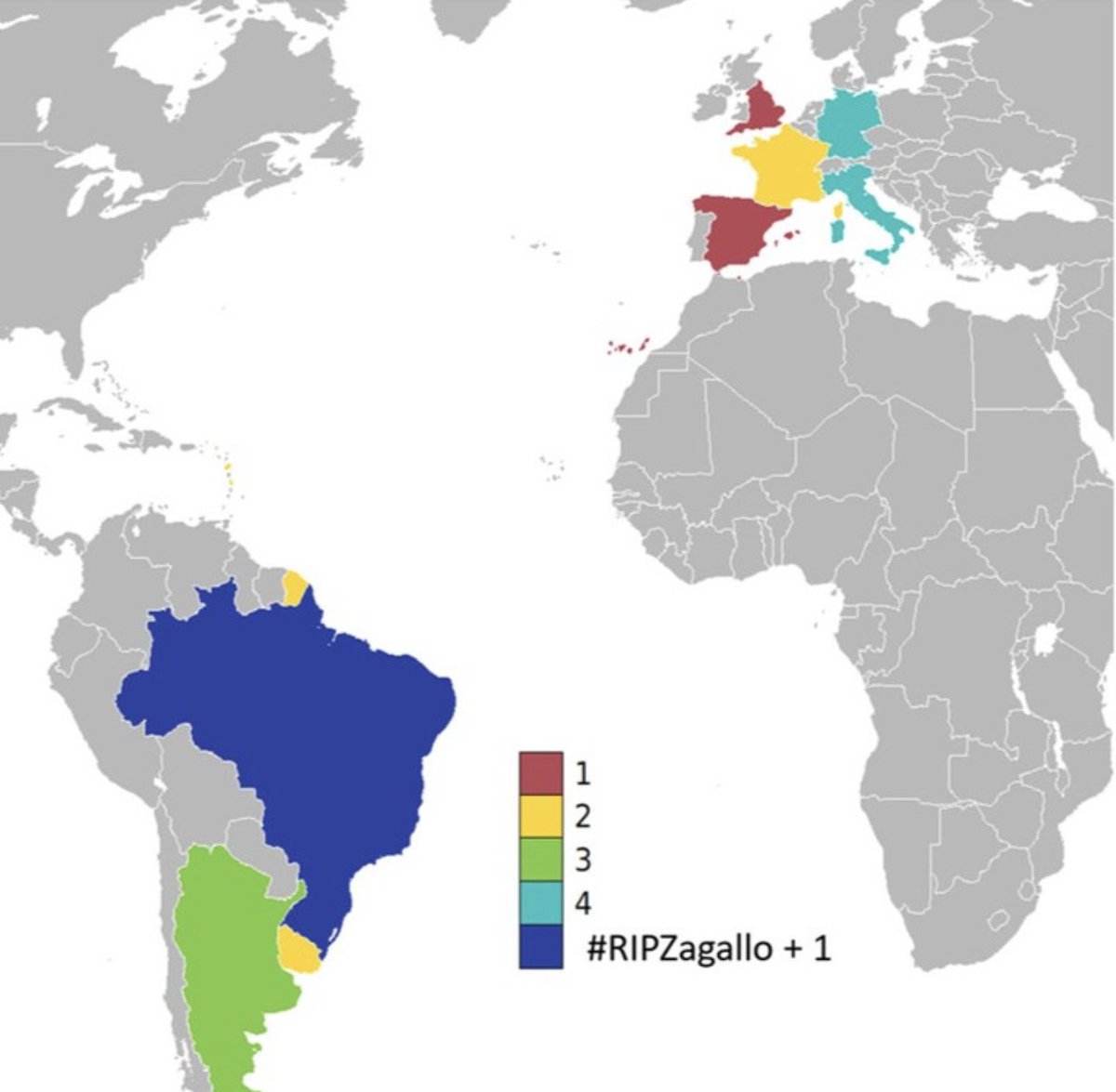 dolcirenato's tweet photo. Neste mapa, estão pintados todos os países que já venceram alguma Copa do Mundo. Em Azul, o único homem que venceu 4 delas: #ZagalloEterno #RipZagallo https://t.co/meaWJf2uNS