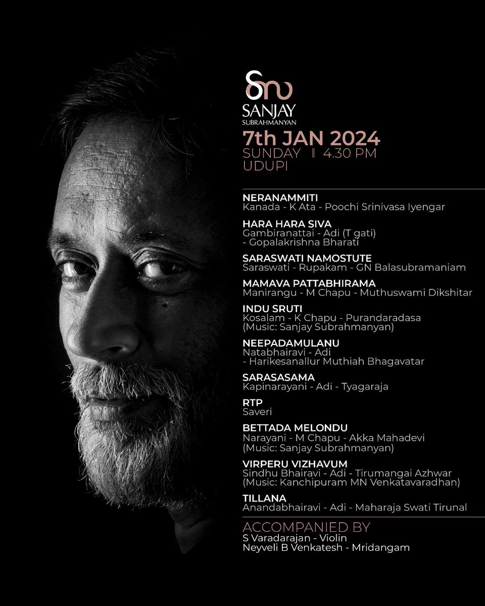 Today’s kutchery songlist 
Concert in Udupi
Sunday 7th January at 4.30 PM
‘Sughosha’ Tantry Nagar
Near Nandagokula Ground
No 76 Bagadabettu, Bailore
Udupi
All are welcome