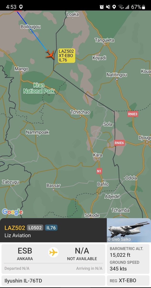 JarnickiM's tweet photo. Double #Alert Liz Aviation Il-76 TD XT-EBO #09C02E LAZ502 departed Ankara (ESB), on its return trip to #Niamtougou #Togo whith which #Weapons ? #Drones ? #Bonkoungou @EbomafD and @FEGnassingbe arę playing with Fire !!! @StateDept and @EmmanuelMacron #WEAKED !?! #War on The block https://t.co/PtYUsy9Nv8