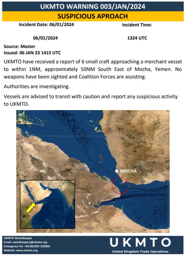 🇾🇪 Enam speedboat angkatan laut Yaman mendekati &amp; memperingatkan sebuah kapal, mungkin ditujukan untuk dermaga Israel, di selat Bab El-Mandab.

Kapal tersebut kemungkinan besar mematuhi peringatan tersebut karena tidak terjadi kontak senjata.