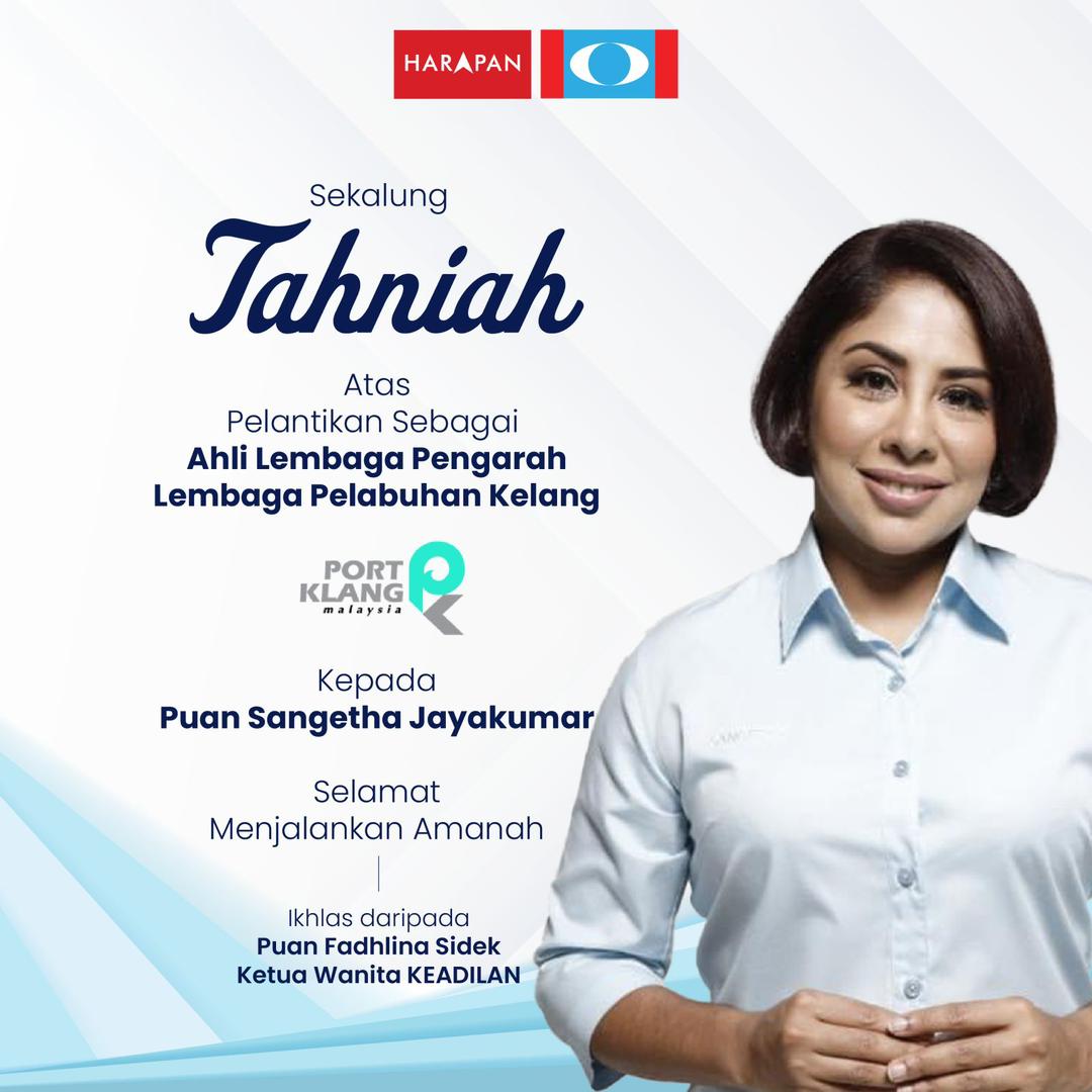 SyedJymalZahiid's tweet photo. Sangetha Jayakumar, a PKR leader, has been appointed a board of director member for Port Klang Authority, another political placement by the ruling party despite a previous pledge to eliminate or at least limit political appointments. Sangetha is Xavier Jayakumar's daughter. https://t.co/JCLN6hISQ7