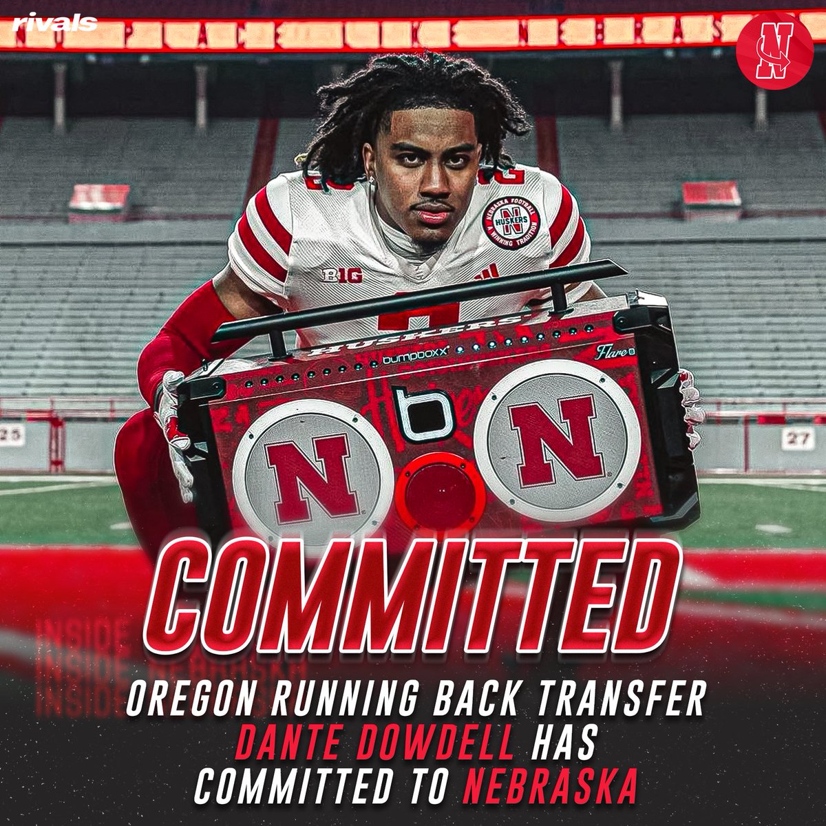 NebraskaRivals's tweet photo. BREAKING: Four-star Oregon running back transfer Dante Dowdell has announced his commitment to Nebraska.

#Huskers #GBR #InsideNebraska https://t.co/HQ81FvzdTH