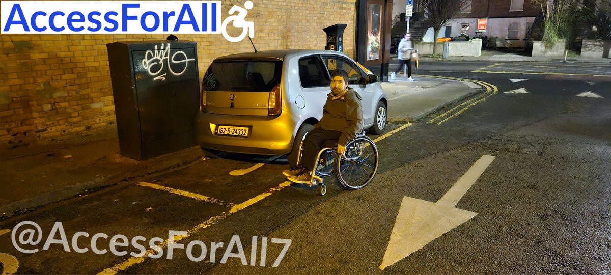 AccessForAll7's tweet photo. Last night Sean was out in town with family in Ranelagh. Does anyone see anything wrong with this picture? Bearing in mind that Sean had to do a 3 point turn and face the wrong direction in a one way street

@DisabilityFed @dccBETA #independence #cars #handcontrols @DisabilityFed @AilbheConneely