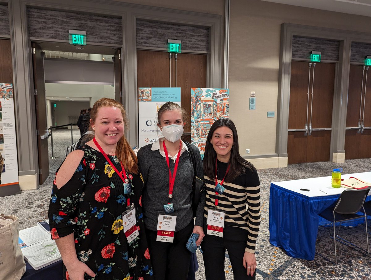 HistorianHope's tweet photo. Continuing the @AHAhistorians staff spotlight with Becky West (left), operations and communications assistant, and Lizzy Meggyesy (right), research and publications assistant, with Lauren Brand (from post 2/? above). Pictured here in the #AHA24 booth in the exhibit hall. (5/?) https://t.co/lqBJfPA8yM