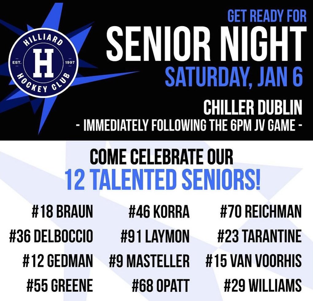 Come celebrate our 12 seniors immediately following the 6PM JV Game at Chiller Dublin! 

 📆 Hilliard VS Westerville 7:40 PM