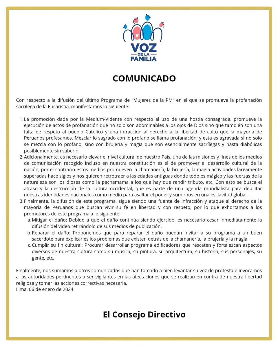 Comunicado del Consejo Directivo de VOZ de la Familia, con respecto a la difusión del último Programa de “Mujeres de la PM”.