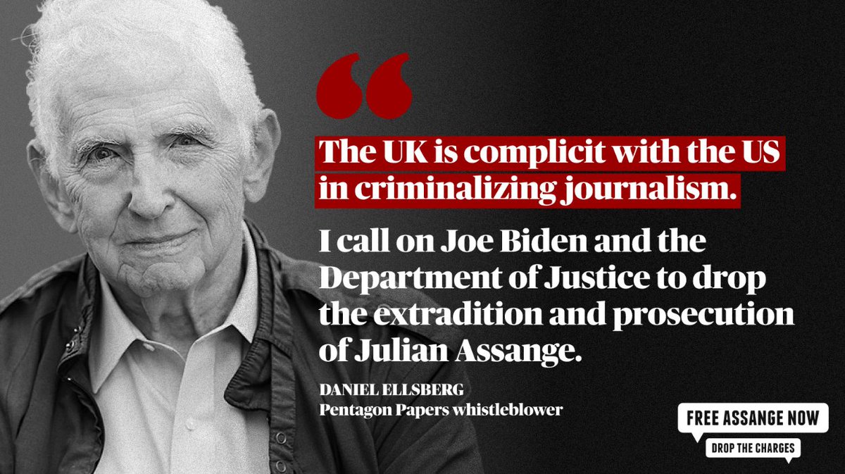 'Großbritannien ist ein Komplize der USA bei der Kriminalisierung des Journalismus.

Ich fordere Joe Biden & das US-Justizministerium auf, die Auslieferung & Verfolgung von Julian Assange fallenzulassen.'

--@DanielEllsberg (1931 - 2023)
Whistleblower Pentagon Papers
#FreeAssange