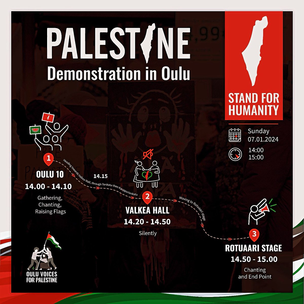Ouluvoices's tweet photo. It's happening in few hours, come and show your support to the #Palestine people. Let's meet at #Valkea #Rotuaari stage #Oulu. #FreePalestineFromZionistOccupation
#FreePalestine
#Ouluvoicesforpalestine. https://t.co/e4lTXo0GpH