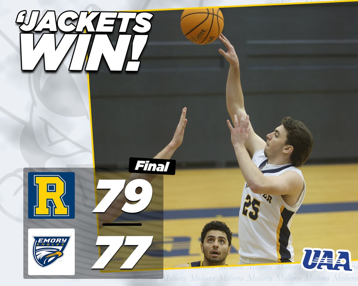 UofRathletics's tweet photo. FINAL! @URMensHoops holds off a late Eagles' charge to open UAA play with a 79-77 victory!!! Wiele hit the go-ahead bucket and led UR with 24 pts, while Jagodzinski and Garside added 11 &amp; 10 pts apiece against No. 22 Emory.

#GoJackets // #d3hoops https://t.co/xTfFAlmXEG