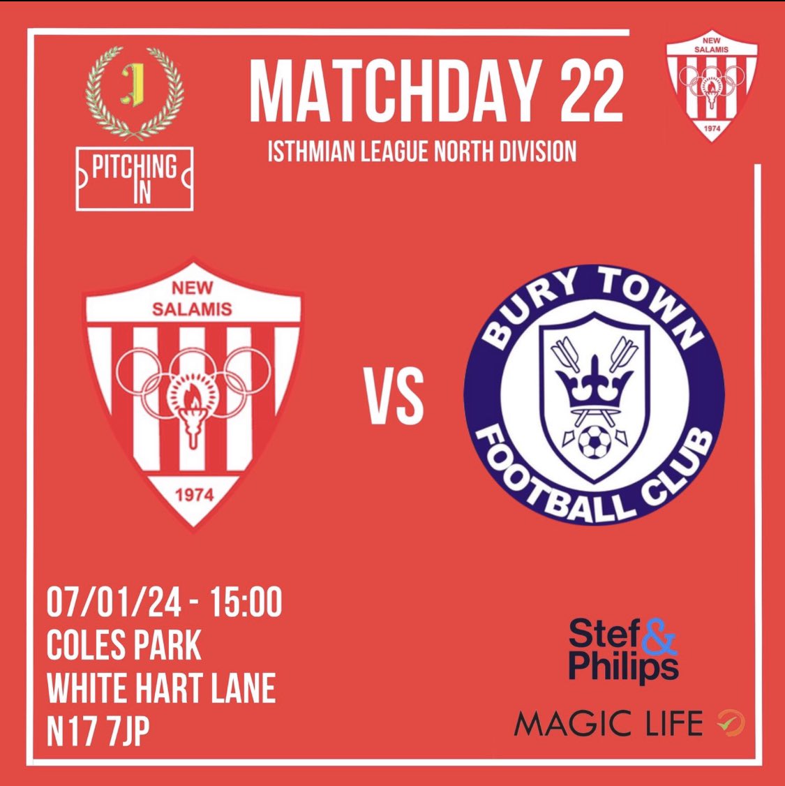 NewSalamisFCUK's tweet photo. TOMORROW ⚽️⚽️

SUNDAY FOOTBALL!! 

🆚 @BuryTownFC 
⚽️ Kick-Off - 15:00
📍Coles Park, White Hart Lane, N17 7JP 
🎟️ Adults-£10, Concession-£5 U16s-Free https://t.co/LzaB1zCa0h