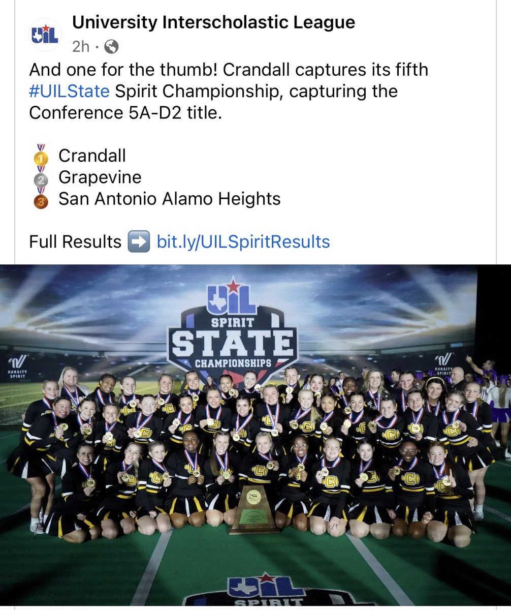 Crandall Cheer has done it again! 5th State Championship! Great job, Pirates!