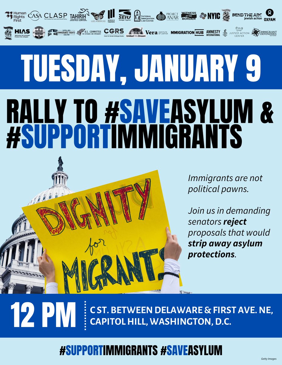 On Tuesday, January 9, 2024, at 12PM ET, there will be a rally in Washington, D.C. to demand that senators reject proposals that would strip away asylum protections. Please consider attending the rally to #SaveAsylum and #SupportImmigrants. RSVP here: act.nilc.org/page/61627/sub…