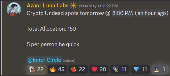 LunaLabsVC's tweet photo. Luna got 150 spots for @cryptoundeads.

That is the 3rd highest allocation after @solBOOGLE and @DeadKingSociety.

Put your ego to the side and apply, or you'll miss the next big opportunity. https://t.co/BBAzl5JBeq