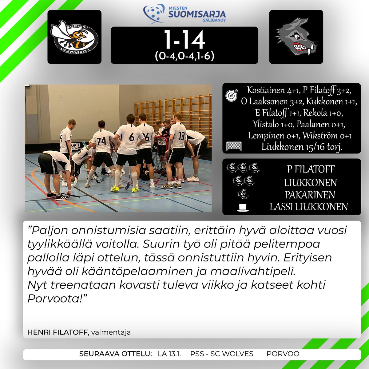 SC_Wolves's tweet photo. Vuosi käyntiin murskavoitolla!
SC Wolves matkusti lauantaina Jyväskylään O2 Akatemian vieraaksi. Ampiaismyrkyt oli lastattu bussin kyytiin ja tasaisen tappavalla myllyllä lopputuloksena seurahistorian suurin voitto maalein 1-14!
#SCWolves #salibandy #Suomisarja https://t.co/lpYK8X5tp5