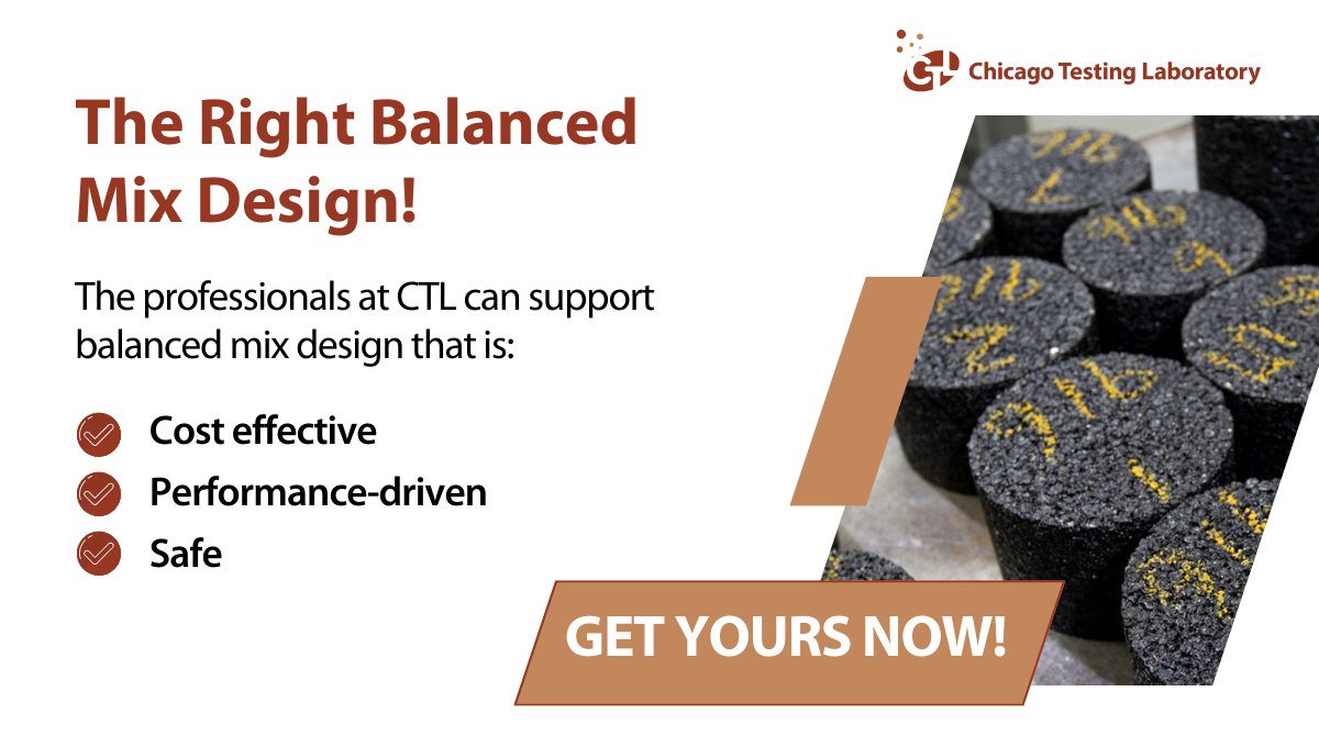 CHITestingLab's tweet image. This is the perfect time to book your next #BalancedMixDesign project with CTL!
As we gear up for a busy season, get your #BMD scheduled now to optimize the most important aspects of asphalt production with confidence.

Start here!
bit.ly/47hfMxe

#CTL #ChicagoTestingLab