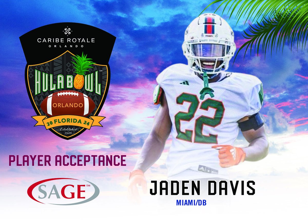 Jaden Davis @Jayd4_ the play-making defensive back from @CanesFootball has accepted his invitation to play in the 2024 @CaribeRoyale Orlando #HulaBowl @SageCards @Draftdiamonds