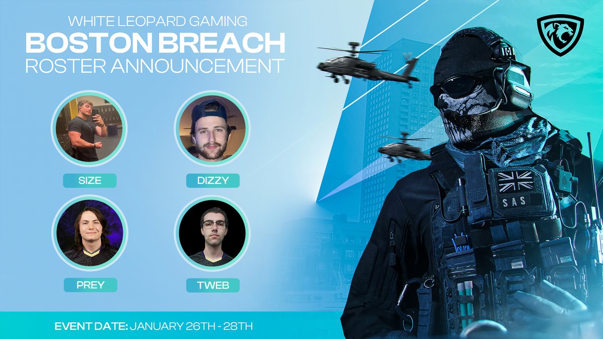 White Leopard Gaming ๎จ (@whiteleopardgg) on Twitter photo We would like to announce our official <a href="/BostonBreach/">Boston Breach</a> <a href="/CODLeague/">Call of Duty League</a> challengers event roster!
๐<a href="/S1Zez/">Austin</a>
๐<a href="/tweb_2/">TWeb</a>
๐<a href="/DiZzY17_/">DiZzY</a>
๐<a href="/Electricgman/">Prey</a>
#FearThePack๐ #WLGonTOP๐ #CodLeague
@soardogg <a href="/CinchGaming/">Cinch Gaming</a> <a href="/DubbyEnergy/">DUBBYยฎ</a> <a href="/SpacePandaDelta/">Space Panda</a> <a href="/NWCoffeeCo/">Northwinds Coffee Co.</a> code "WLG" We would like to announce our official <a href="/BostonBreach/">Boston Breach</a> <a href="/CODLeague/">Call of Duty League</a> challengers event roster!
๐<a href="/S1Zez/">Austin</a>
๐<a href="/tweb_2/">TWeb</a>
๐<a href="/DiZzY17_/">DiZzY</a>
๐<a href="/Electricgman/">Prey</a>
#FearThePack๐ #WLGonTOP๐ #CodLeague
@soardogg <a href="/CinchGaming/">Cinch Gaming</a> <a href="/DubbyEnergy/">DUBBYยฎ</a> <a href="/SpacePandaDelta/">Space Panda</a> <a href="/NWCoffeeCo/">Northwinds Coffee Co.</a> code "WLG"