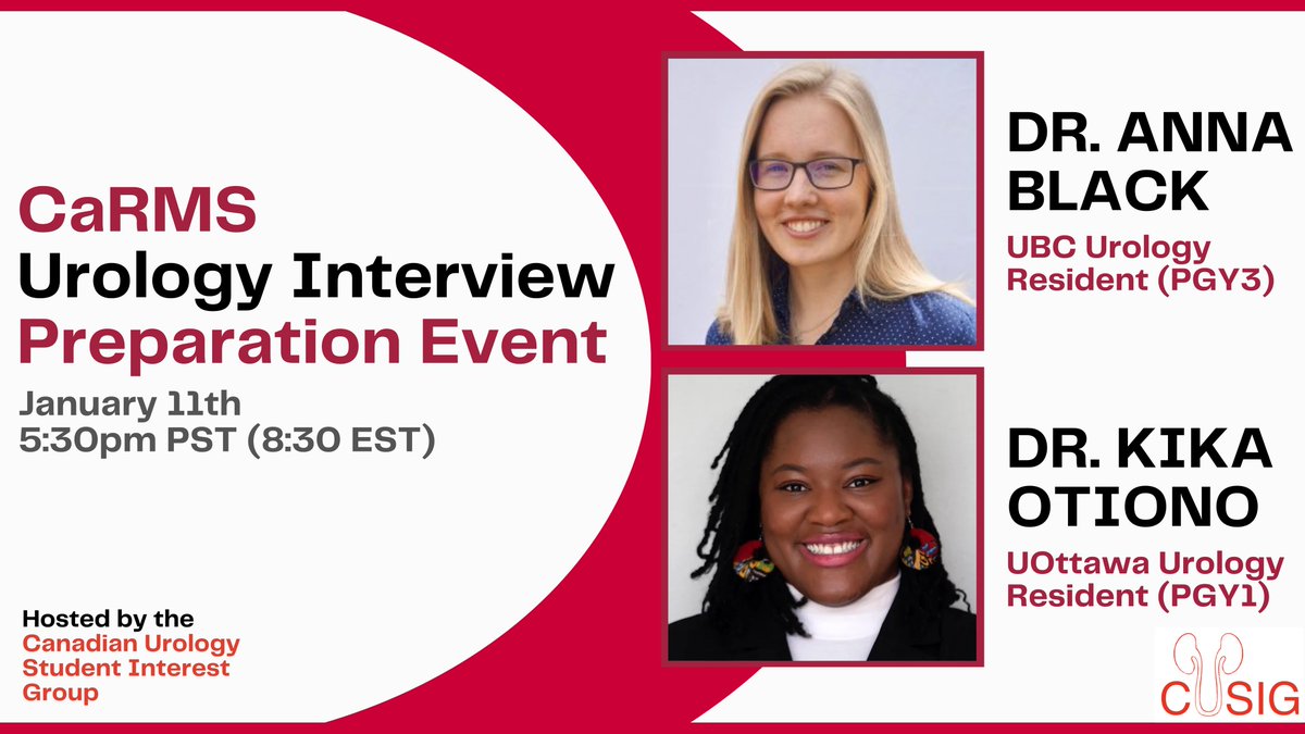 Canadian Urology Student Interest Group (@cusig_geiuc) on Twitter photo ‼️Virtual #CaRMS Urology Interview Prep Event
🗓️January 11th @ 5:30pm PST (8:30 EST)
👥Dr. Anna Black <a href="/BlackAnnaJ/">Anna Black</a> (PGY3 at <a href="/UBCUrology/">UBCUrology</a> & on the interview committee) and Dr. Kika Otiono <a href="/KikaOtiono/">Kika Otiono</a> (PGY1 at <a href="/uOttawaUrology/">uOttawaUrology</a>)
✍️RVSP at lu.ma/pclimp6k ‼️Virtual #CaRMS Urology Interview Prep Event
🗓️January 11th @ 5:30pm PST (8:30 EST)
👥Dr. Anna Black <a href="/BlackAnnaJ/">Anna Black</a> (PGY3 at <a href="/UBCUrology/">UBCUrology</a> & on the interview committee) and Dr. Kika Otiono <a href="/KikaOtiono/">Kika Otiono</a> (PGY1 at <a href="/uOttawaUrology/">uOttawaUrology</a>)
✍️RVSP at lu.ma/pclimp6k