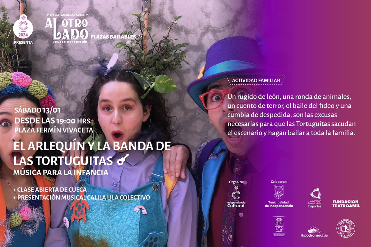 Arlequín y la banda de las tortuguitas llega para hacer vibrar la Plaza Fermín Vivaceta el sábado 13 de enero a partir de las 19:00 horas con un tortushow musical para los más pequeñitos🎶🐢.

👉Revisa la cartelera completa de #AlOtroLado2024: independenciacultural.cl/conlafuerzadel…