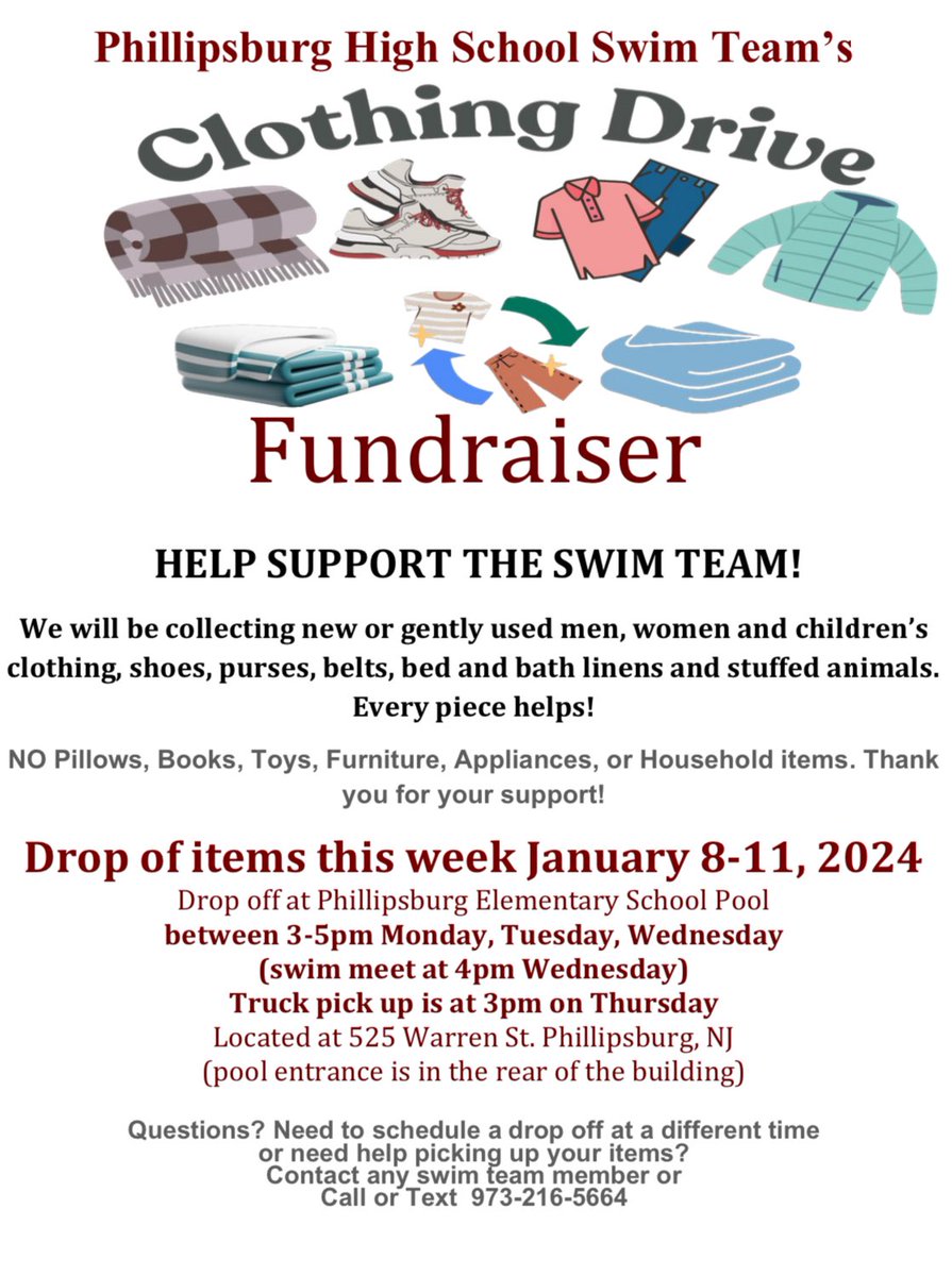 while you’re stuck inside the next 2 days due to the snow ❄️, clean out your house and help PHS Swim Team!!🧤👗🧥👖👕