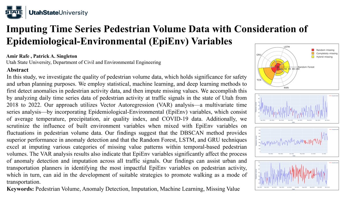 RafeAmir's tweet photo. 🚶‍♂️📊 Excited to present at #TRBAM 103rd Annual Meeting!
🔹Lectern: "Imputing Time-Series #Pedestrian Data" w/ Dr. @singletonpa, Jan 09, 18:00-19:30, Convention Center 102B.
🔹Poster: "Pedestrian Crash Severity Analysis" w/ Drs. Arman &amp; @singletonpa, Jan 10, 10:15-12:00, Hall A. https://t.co/hHTXZhhhVf